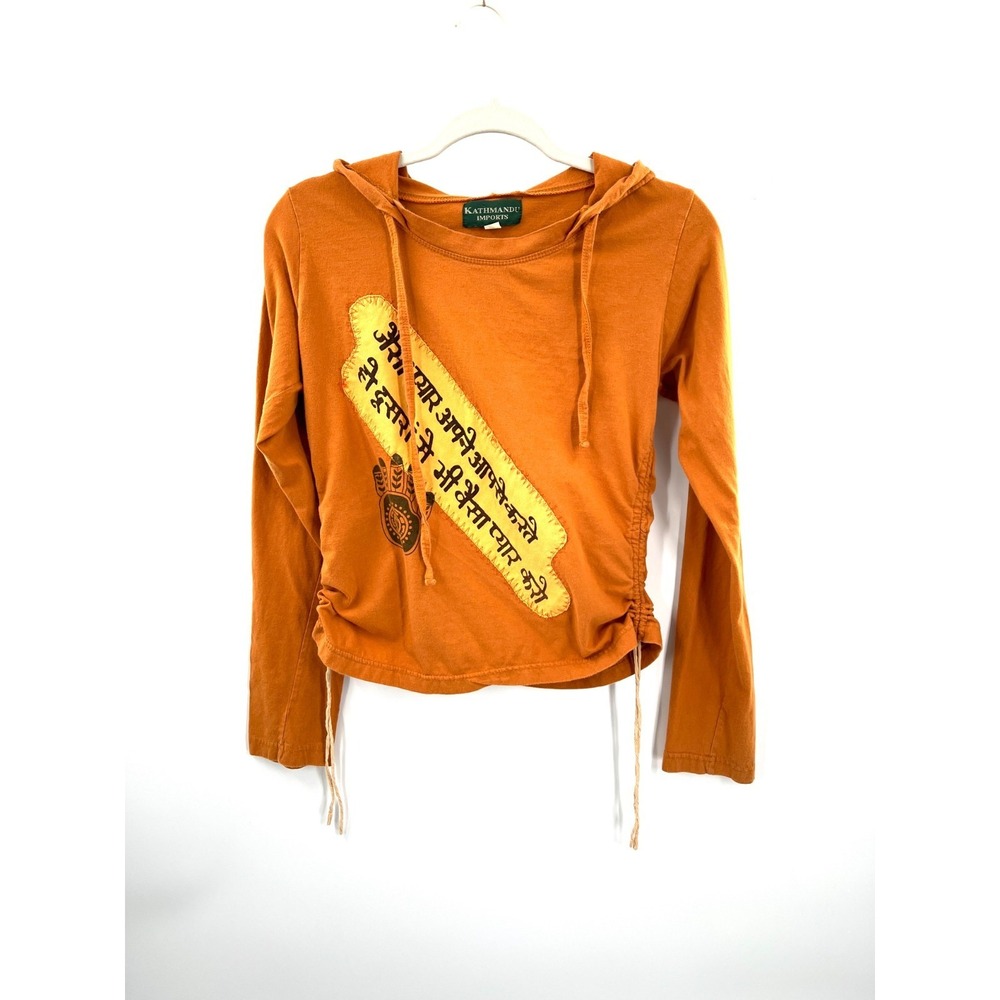 Kathmandu imports y2k orange pullover hooded top‎ rouched hippie boho ethnic L